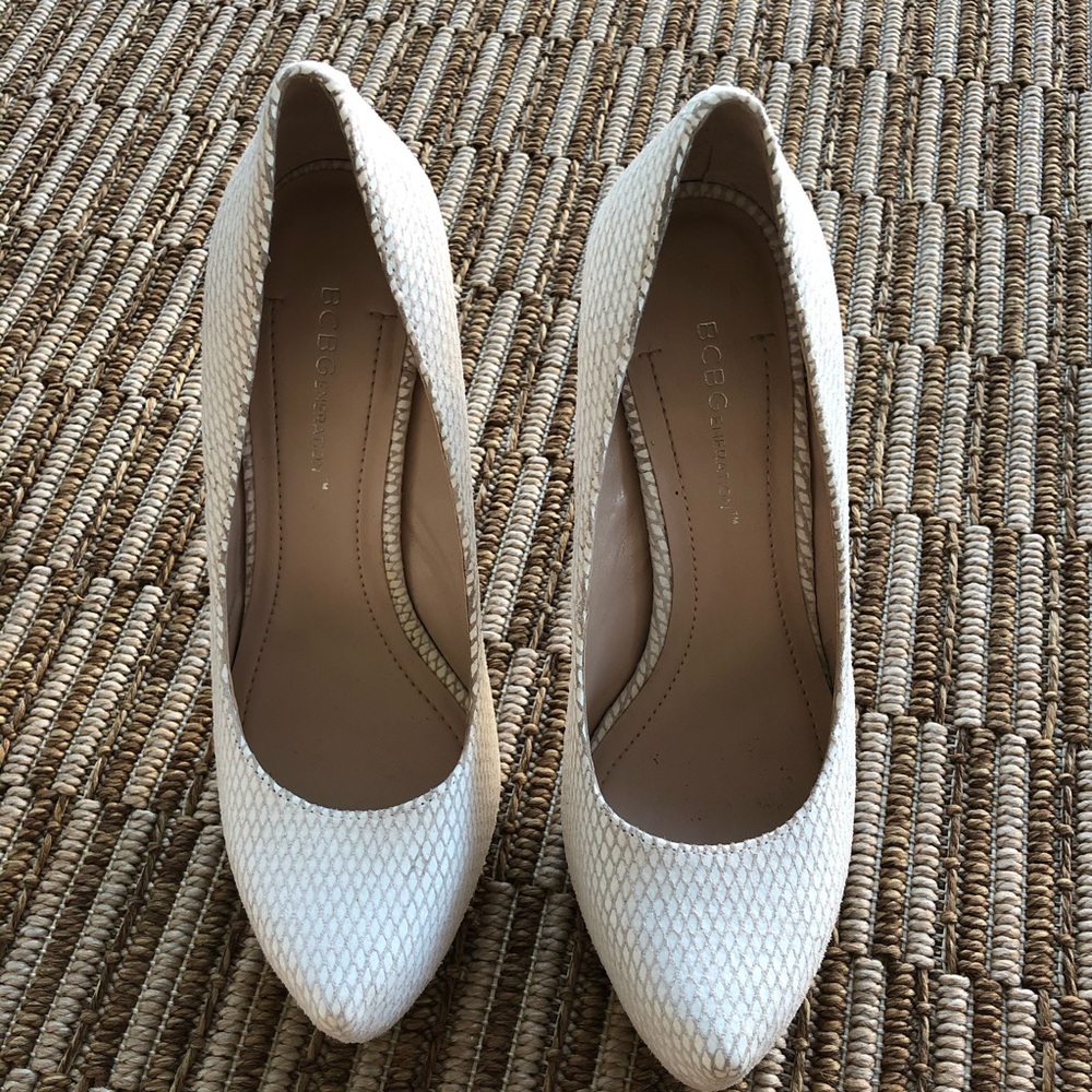 BCBG white heels